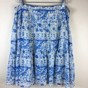 Chaps Women's Tiered Blue Cream Lined Flowy Floral Skirt Size 12